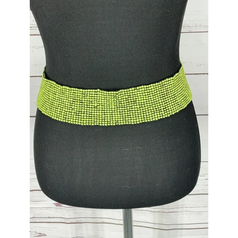 Vintage Elastic Lime Green Handmade Glass Beaded Wooden Clasp 70’s Boho Chic Sty